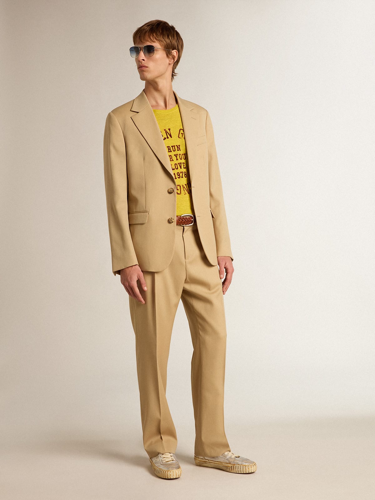 Pantalone da uomo in gabardine di lana color sabbia