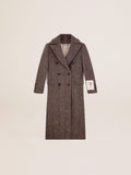 Cappotto lungo da donna herringbone con dettagli gialli
