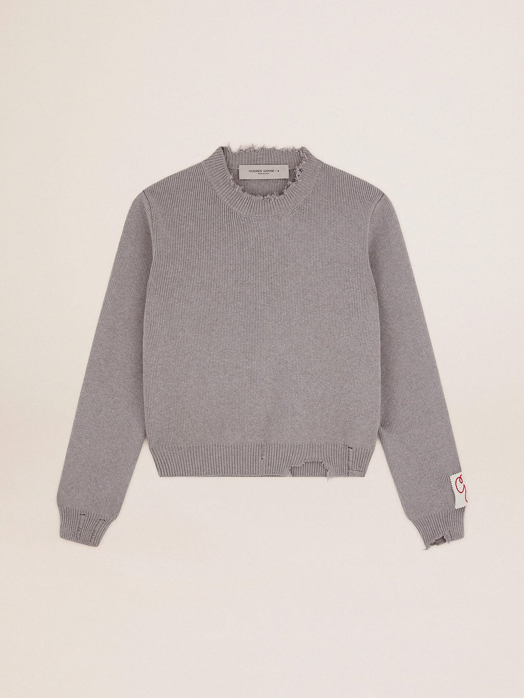 Maglione girocollo in cotone grigio dal trattamento distressed