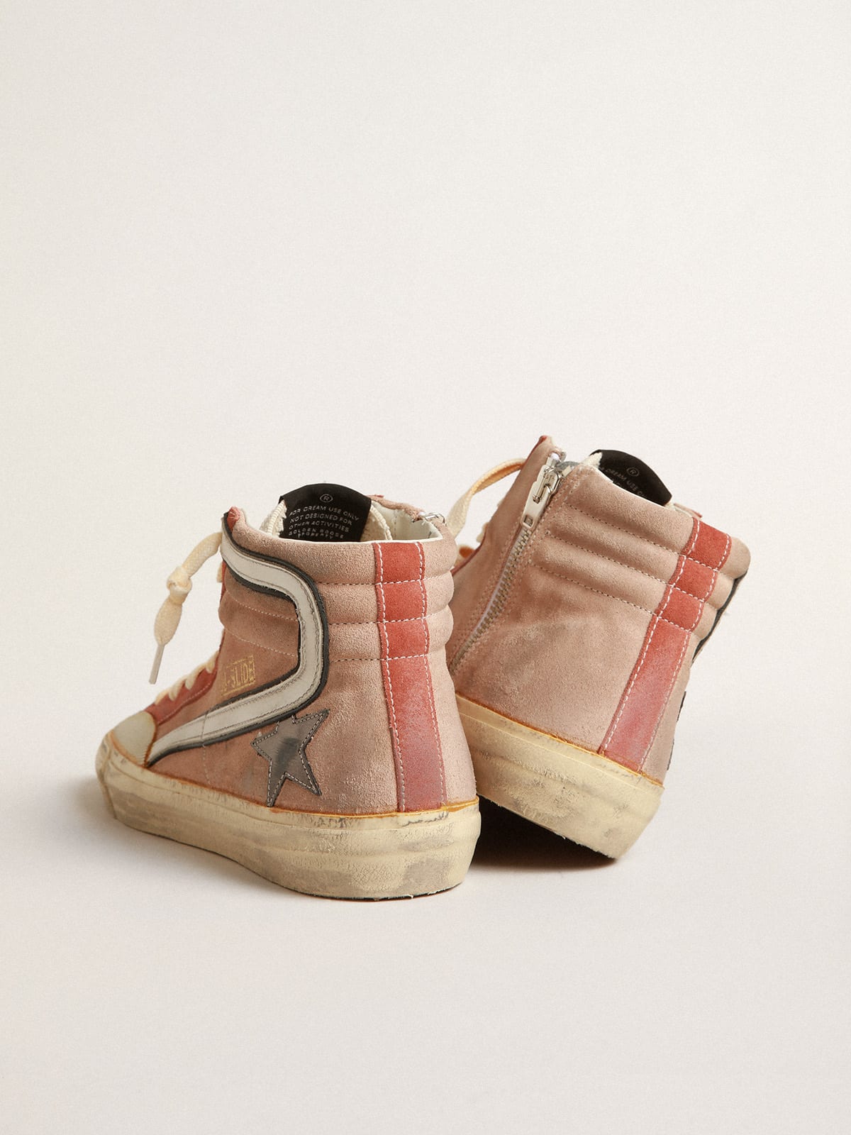 Slide in suede rosa con stella in pelle laminata color antracite