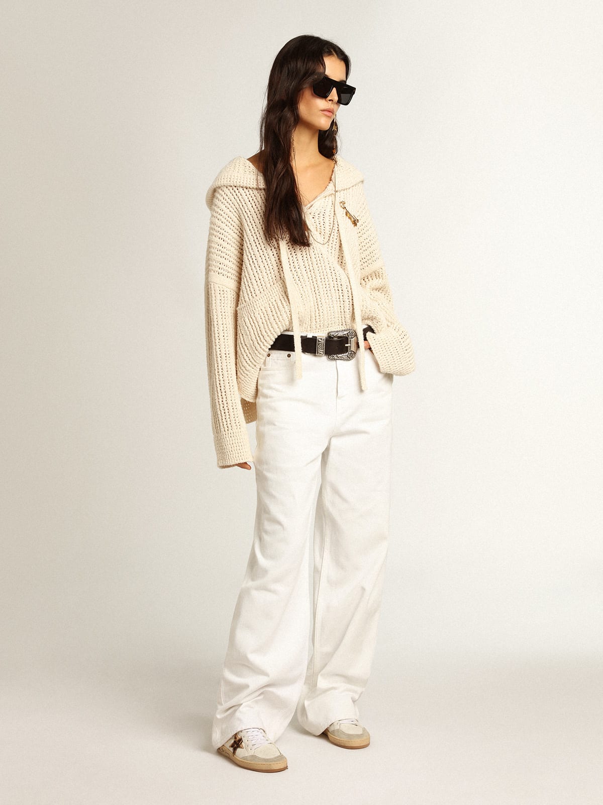 Pantalone jeans gamba larga in bull denim color bianco