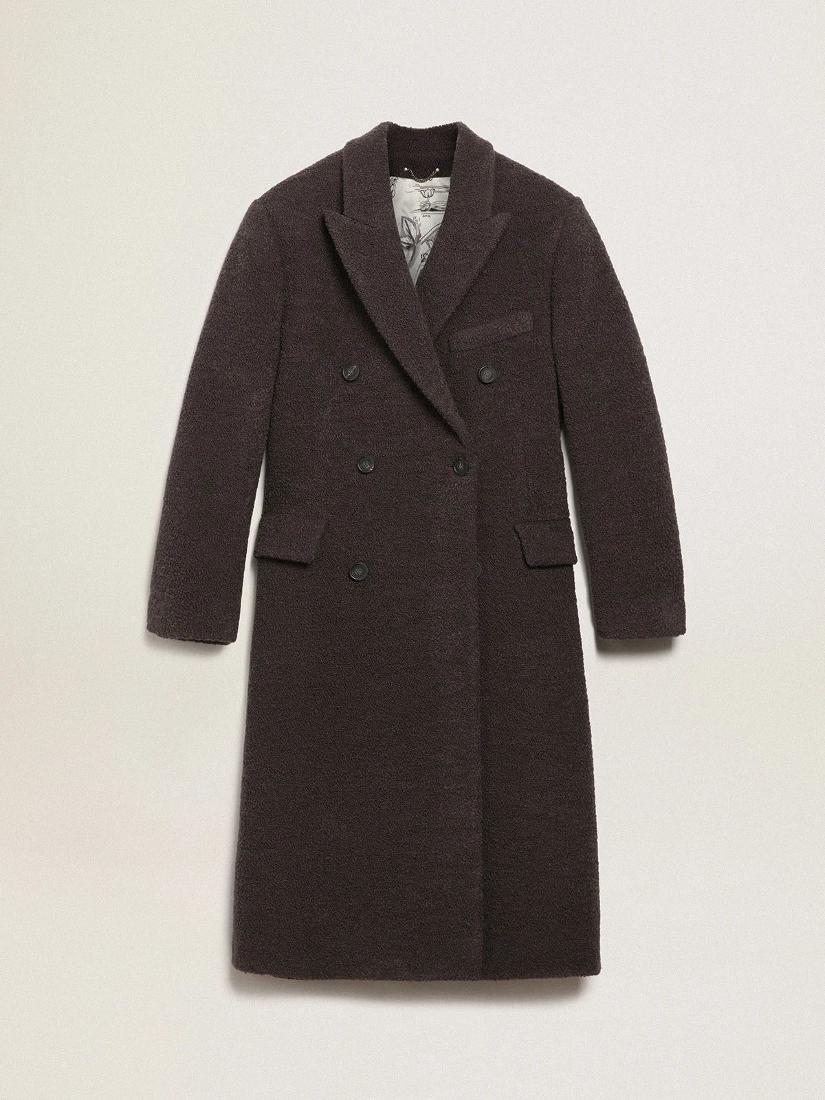 Cappotto doppiopetto Collezione Journey in lana bouclè color liquirizia