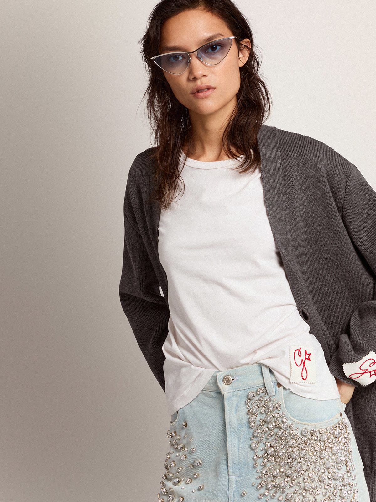 Cardigan da donna in cotone grigio mélange con logo sul retro