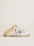 Super-Star Sabot in pelle bianca con stella in glitter argento e fodera in shearling