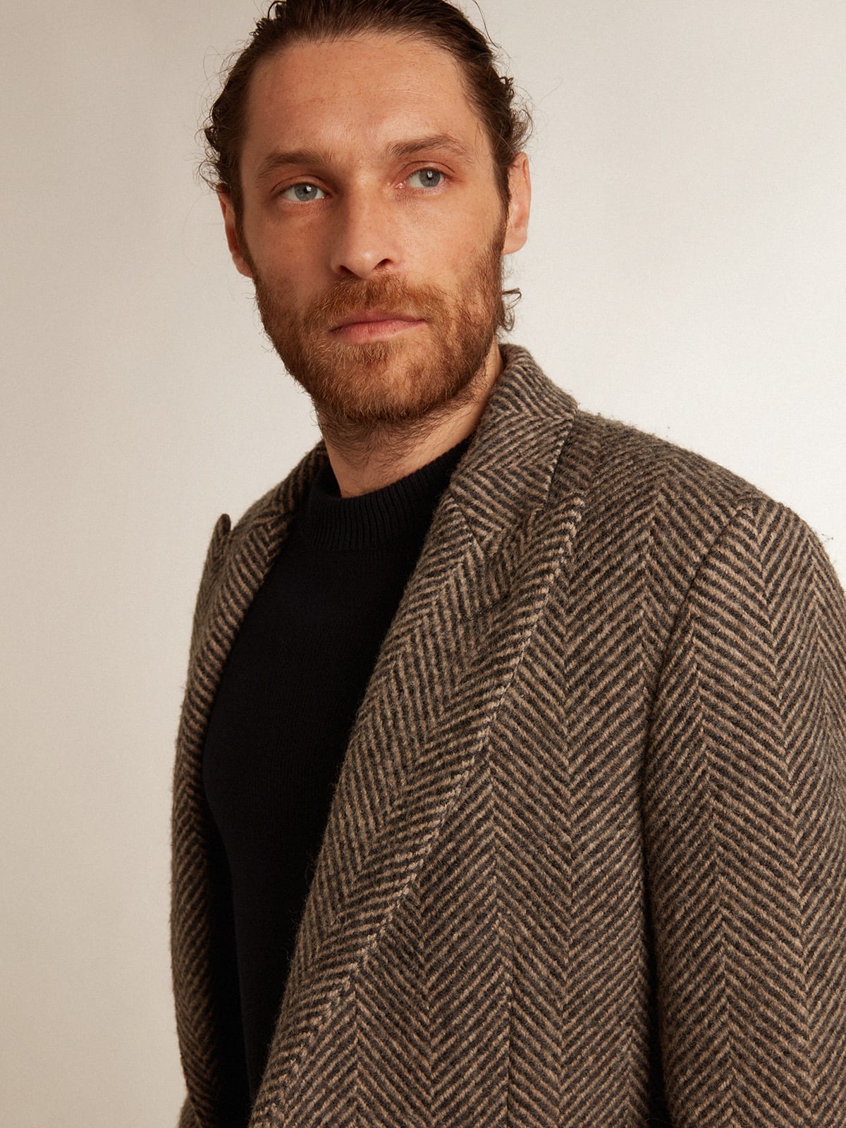 Cappotto monopetto in lana con trama spigata beige e grigio
