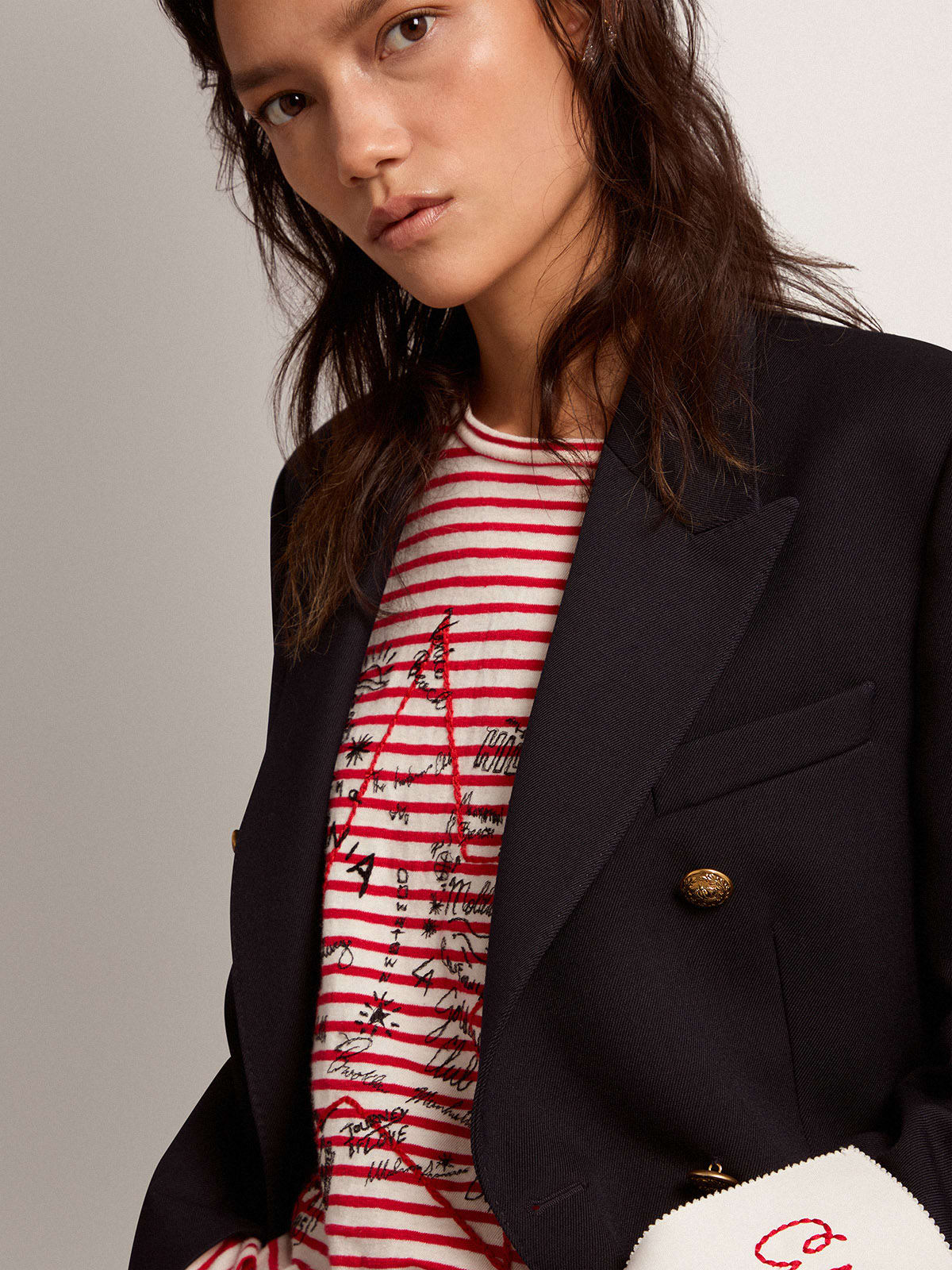 Blazer doppiopetto donna Collezione Golden di colore blu scuro con bottoni araldici dorati