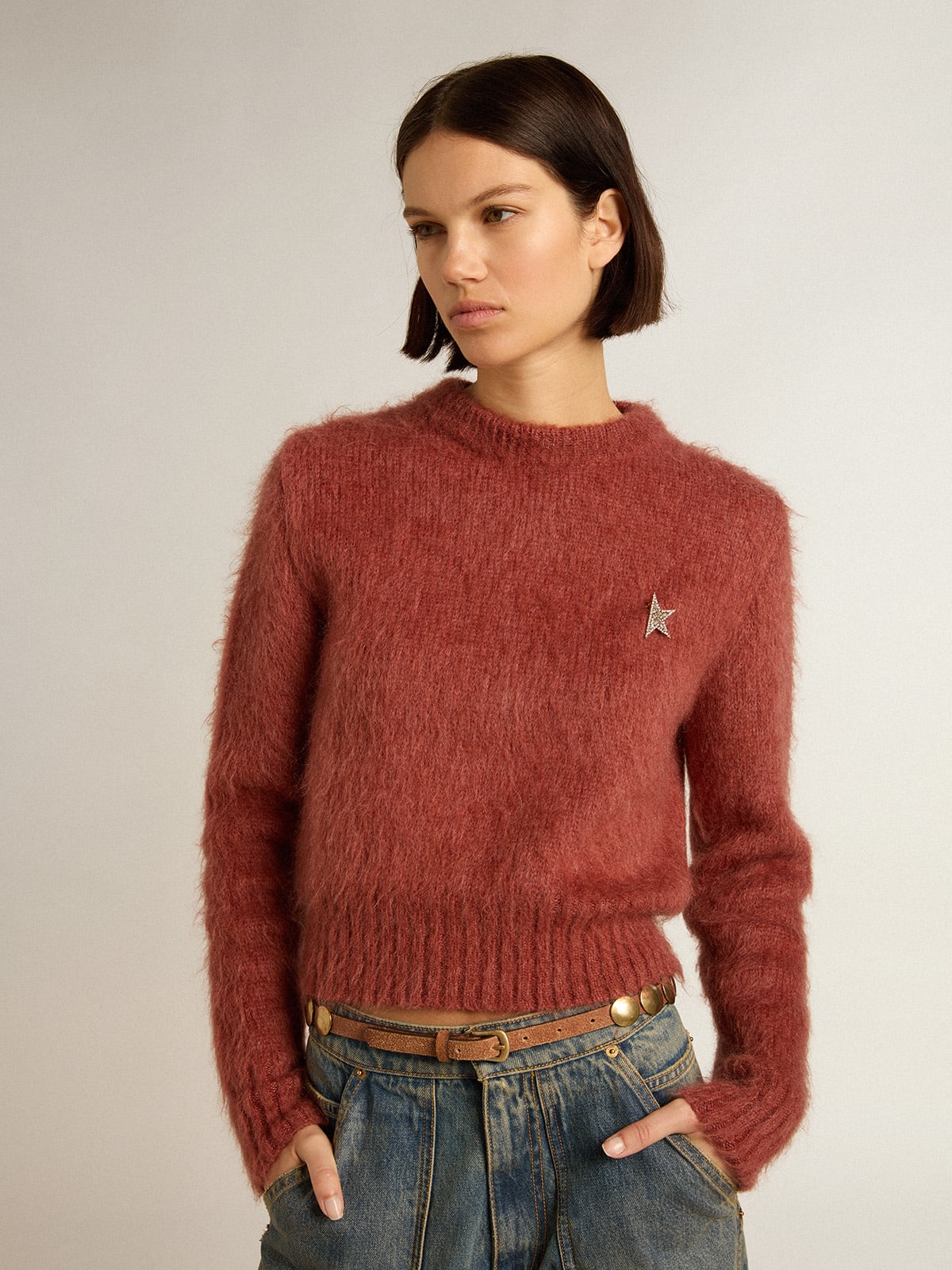 Maglione cropped in mohair color lilla scuro