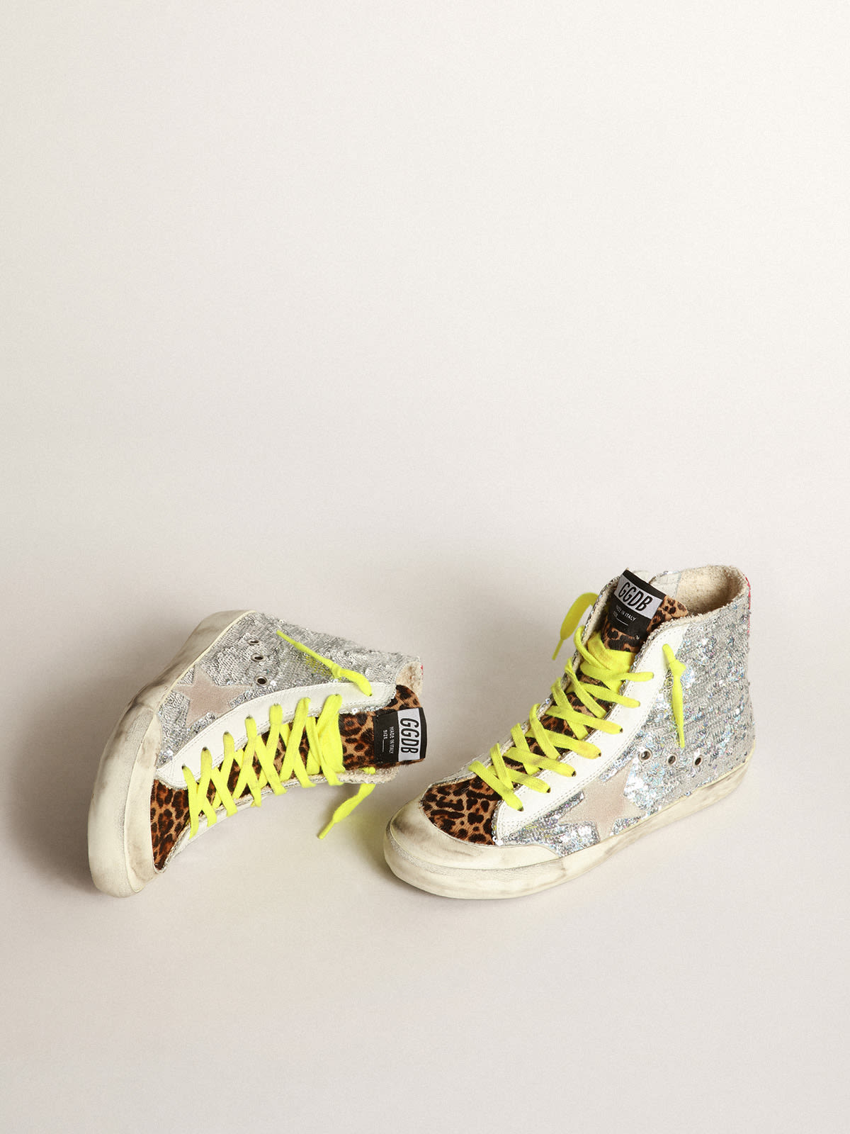 Sneakers Francy con paillettes argento e cavallino leopardato