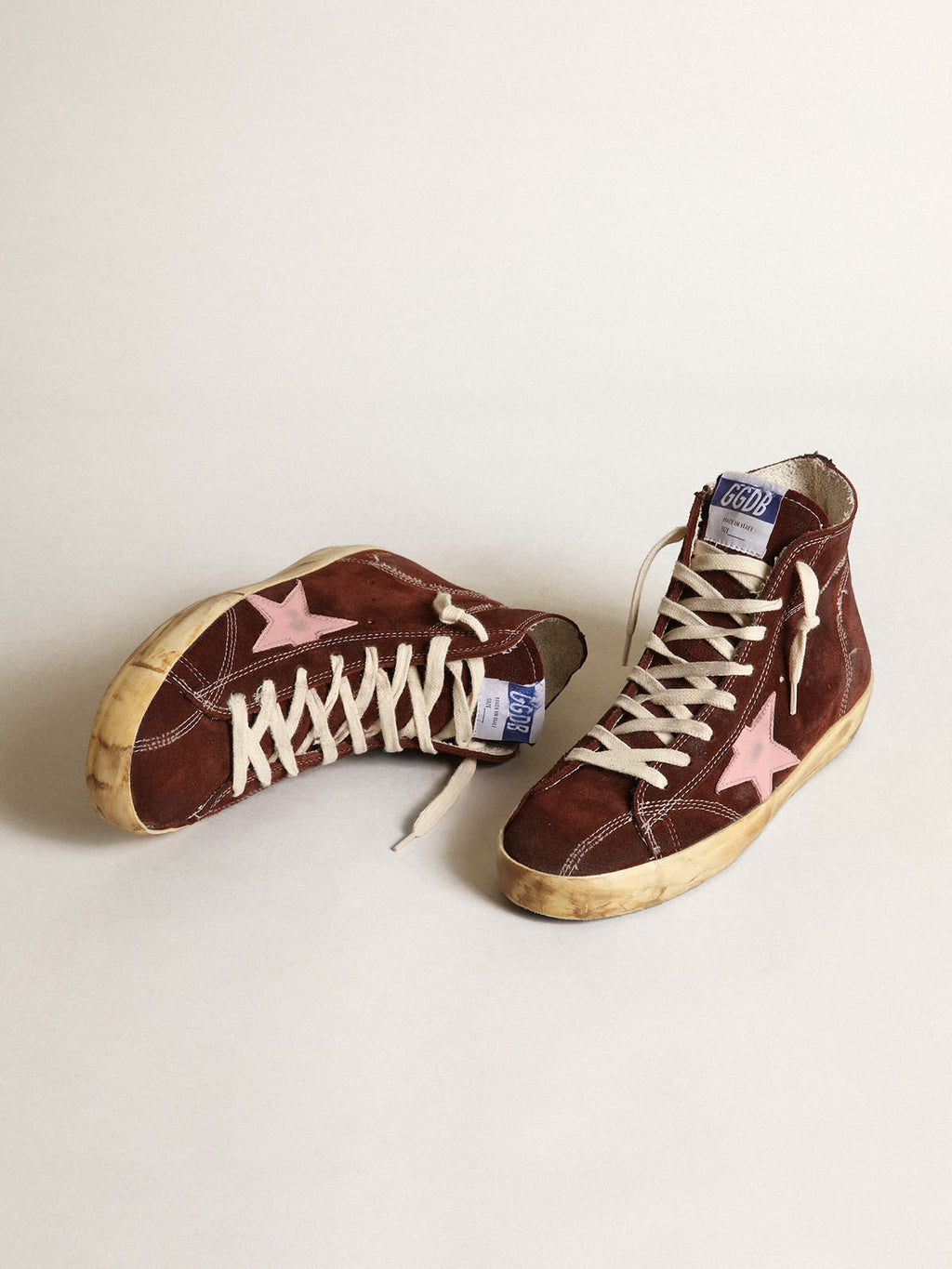 Sneaker Francy in suede marrone con stella in pelle rosa e talloncino in nappa nera