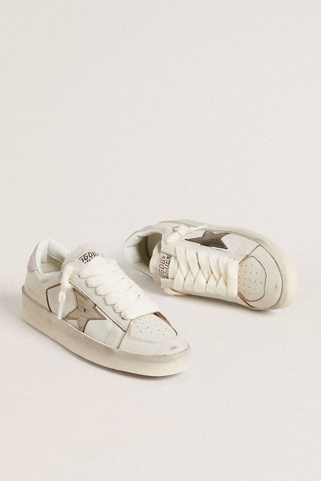 Stardan in nappa leather with metallic silver leather star and pink suede heel tab