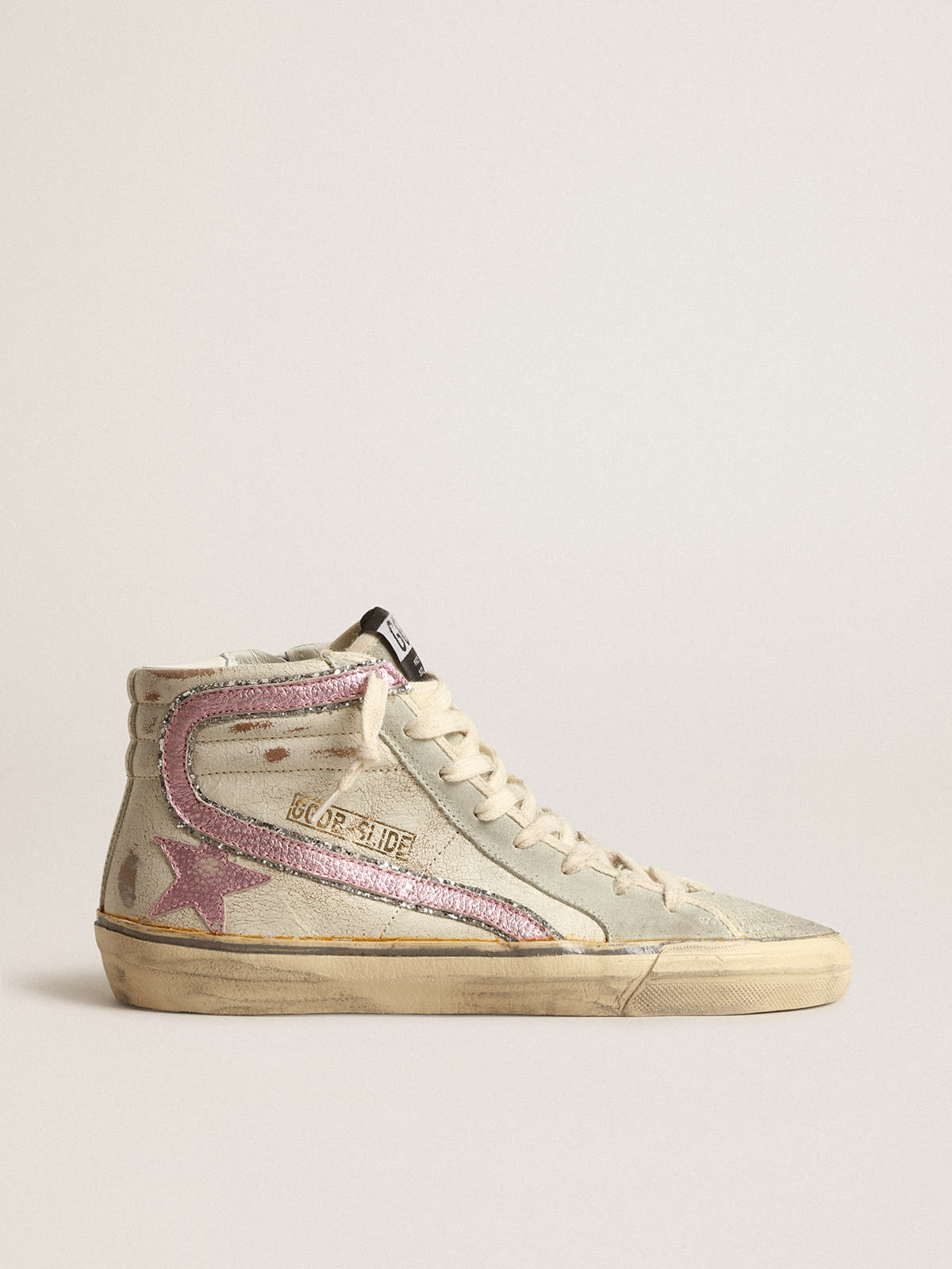 Slide LTD beige con stella e virgola in pelle laminata rosa