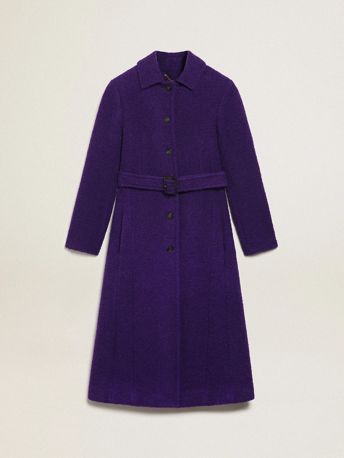 Cappotto Collezione Journey color viola indaco in lana e fodera interna con stampa disegnata