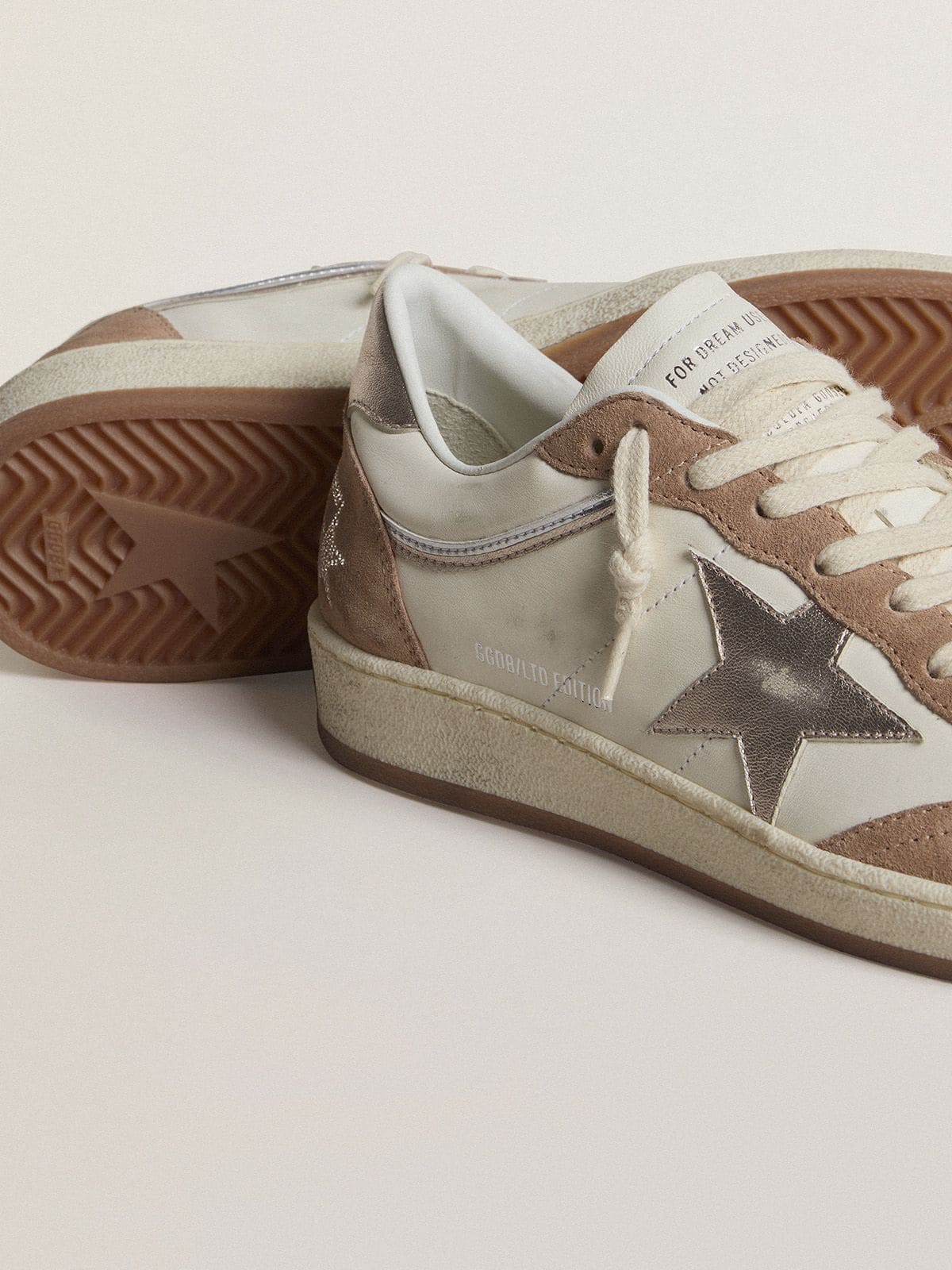 Ball Star LTD in white nappa leather and old rose suede with metallic silver leather star and heel tab
