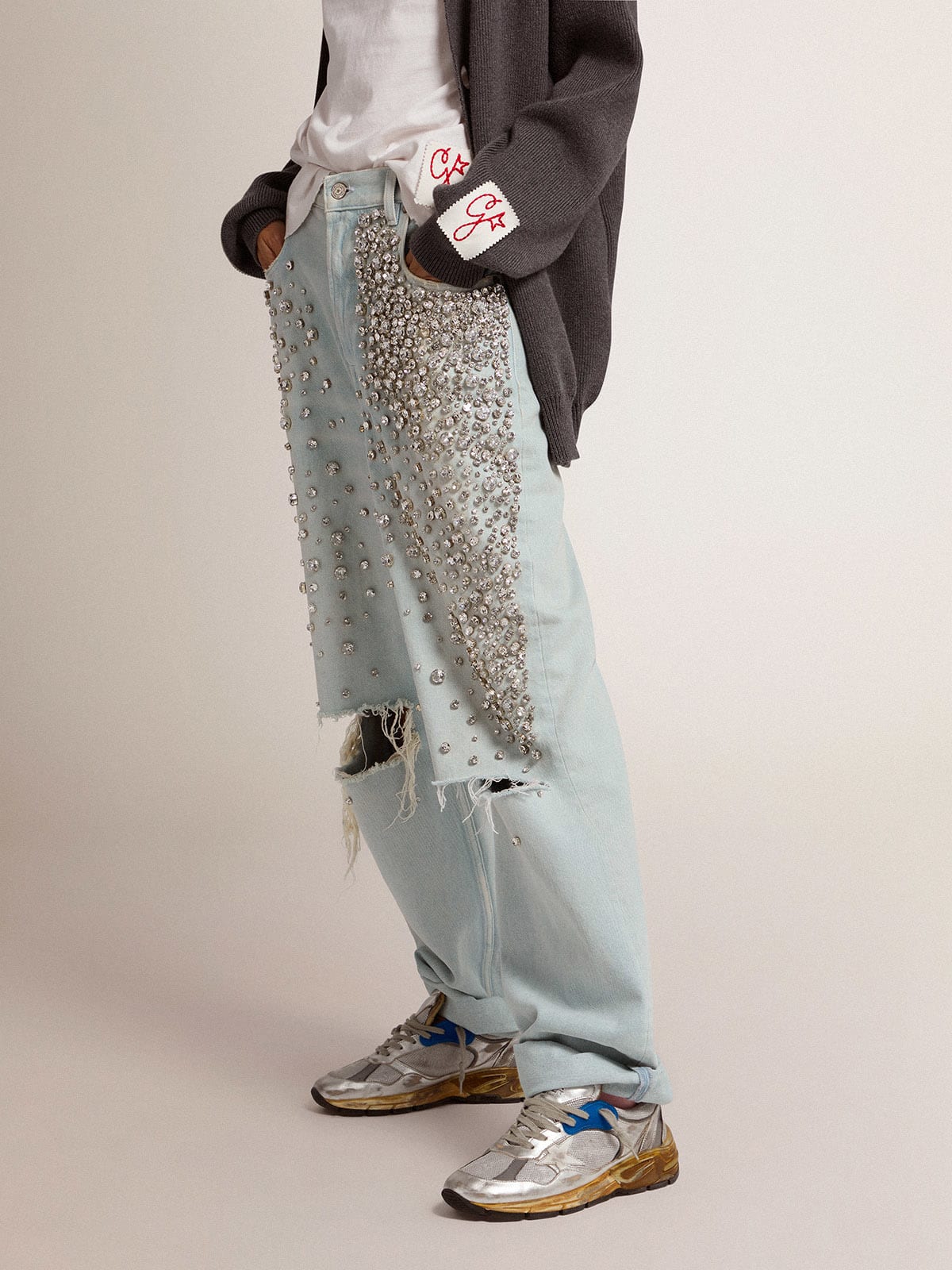 Jeans bleached Kim Collezione Golden con cristalli cabochon