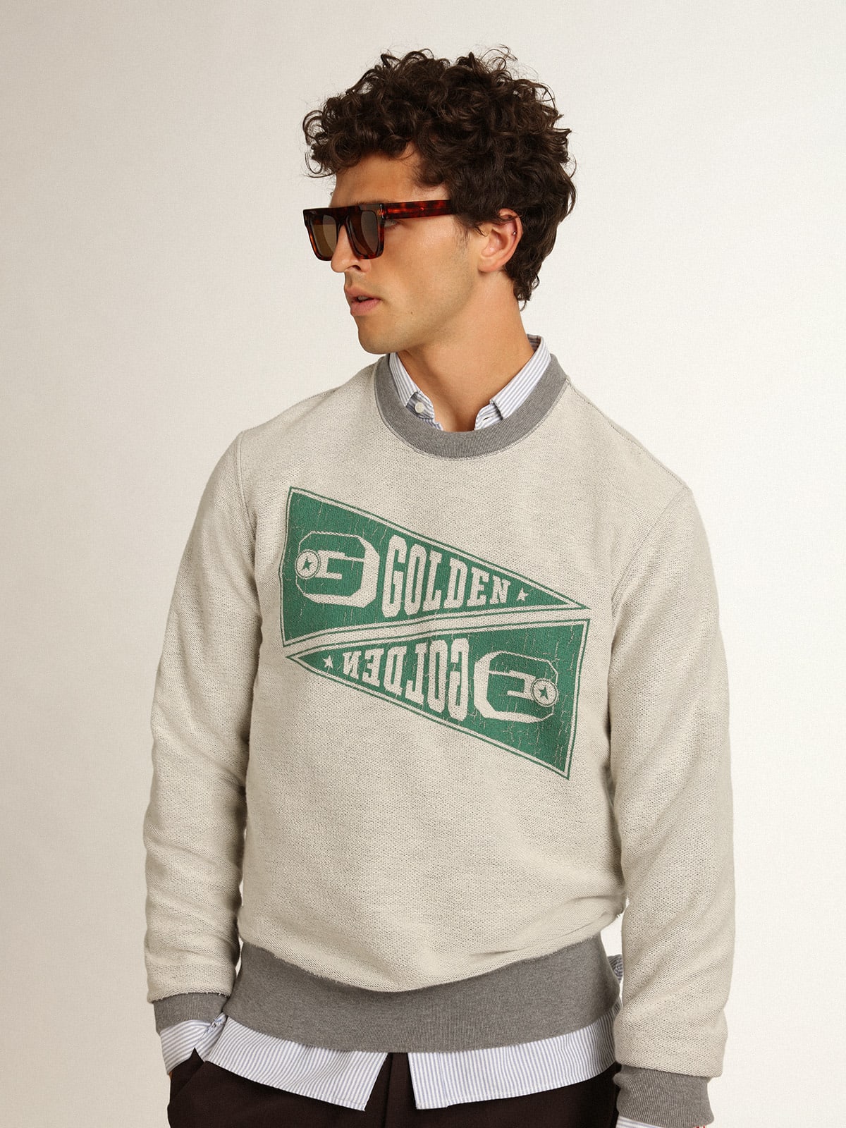 Felpa Collezione Golden color grigio mélange con stampa Golden verde