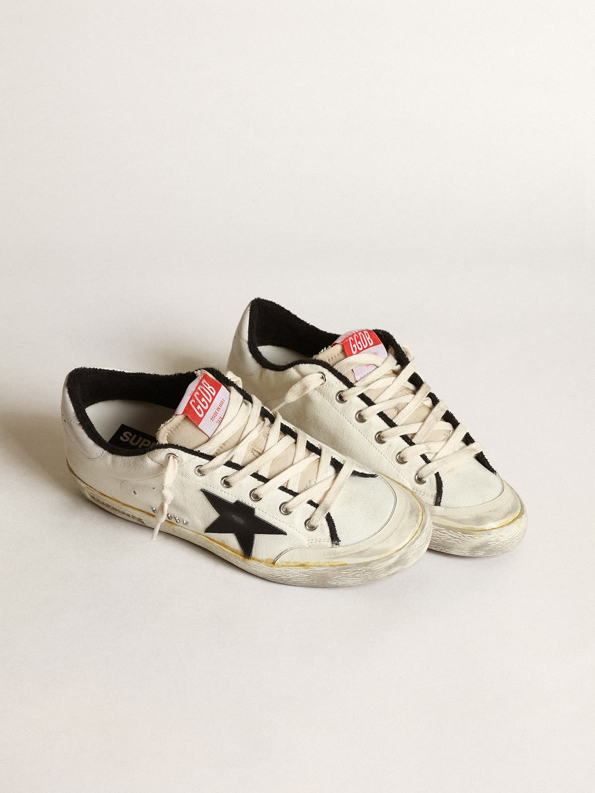 Sneaker Super-Star donna LTD in canvas beige con stella in pelle nera e talloncino in pelle bianca