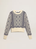 Maglione cropped girocollo a motivi geometrici color pergamena e blu