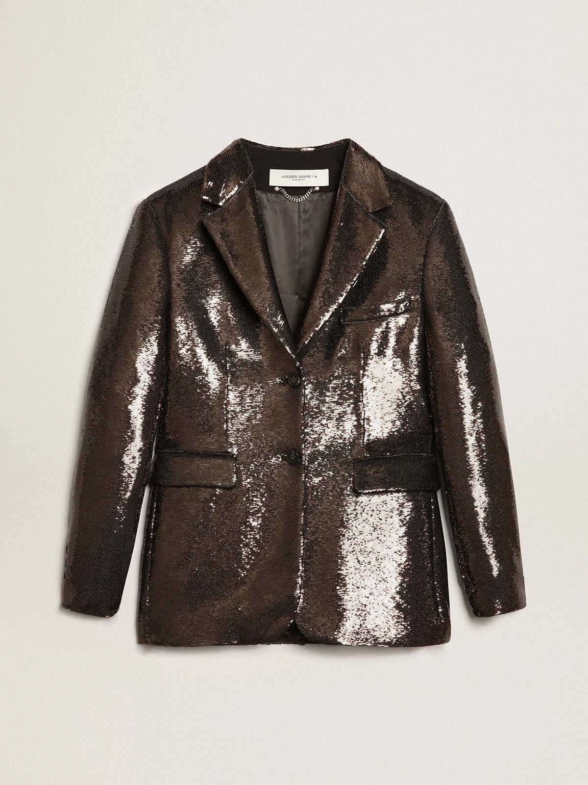 Blazer monopetto di colore grigio con paillettes all-over
