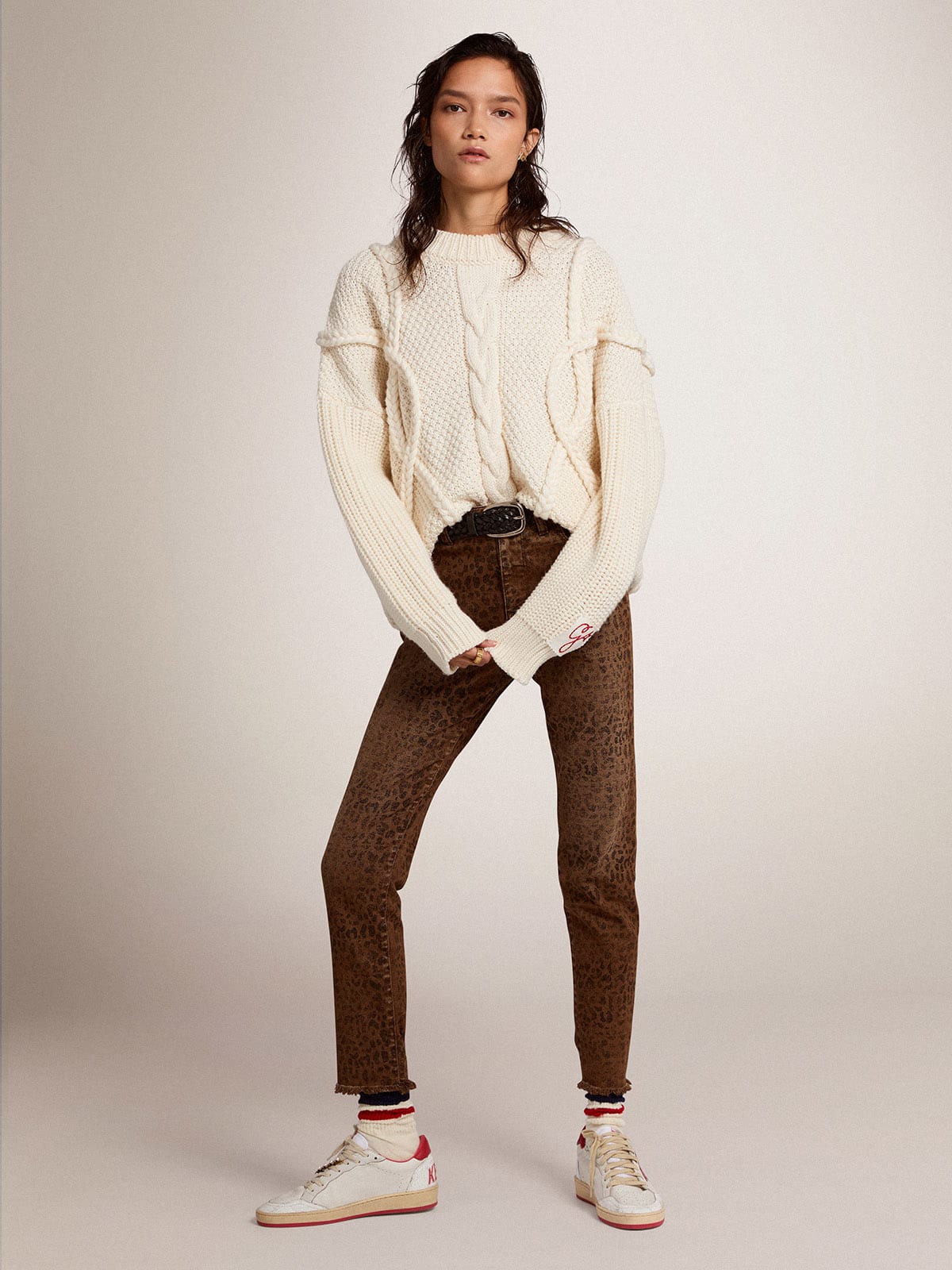 Maglione girocollo da donna in lana con motivo intrecciato